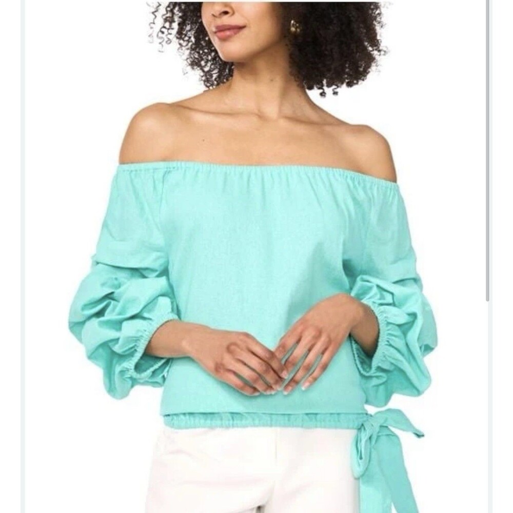 Vince Camuto Ocean Tide Linen-blend Off-the Shoulder Bubble Sleeve Tie Front